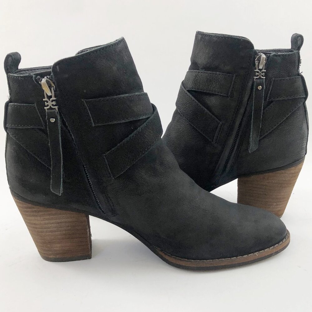SAM EDELMAN Morris Black Strappy Boho Western Burnished Suede Ankle Boots 8.5